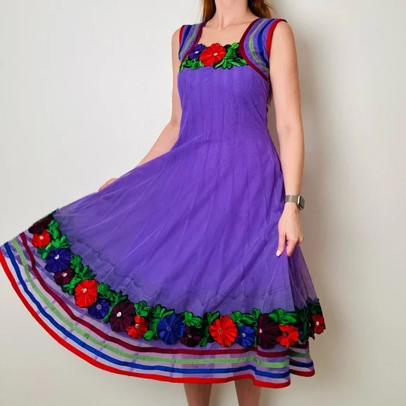 Vintage Phool Dress Indian Vibrant Purple Floral Embroidered Midi - Picture 3 of 10